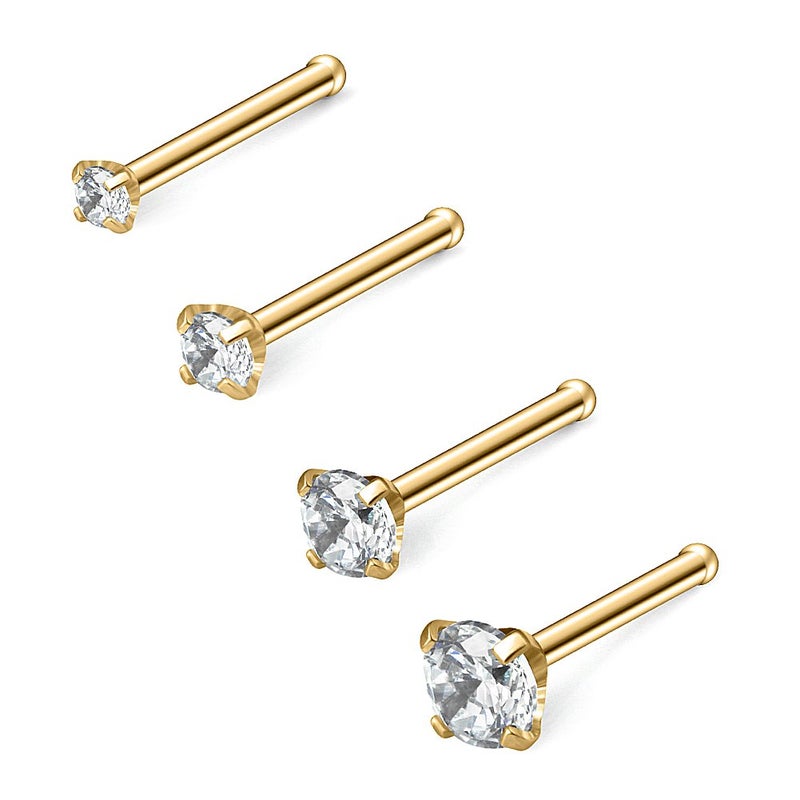 Ruifan 4PCS 20G 316L Surgical Steel 1.5mm 2mm 2.5mm 3mm Clear Round Diamond Cubic Zirconia Crystal Nose Bone Studs Rings Pin Piercing Jewelry - Gold - Image 1